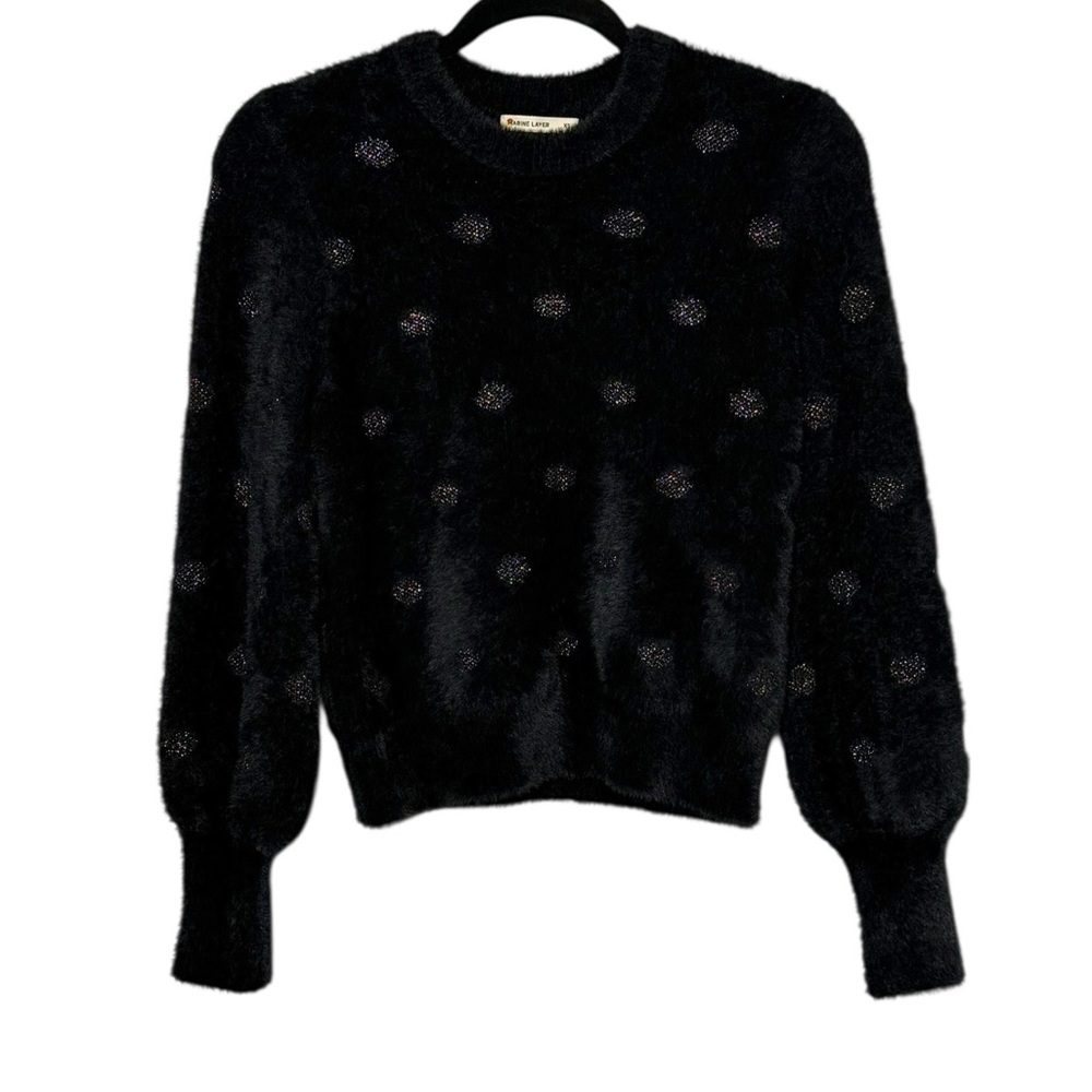 Marine Layer Sweater Size Xs Black Fuzzy Eyelash Polka Dot Crewneck